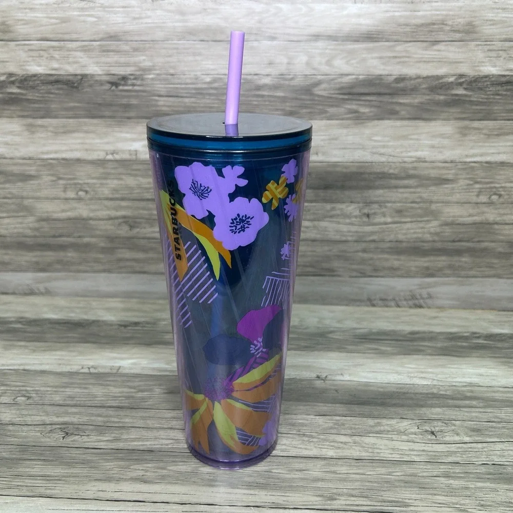 Starbucks Purple Floral Wave Venti Tumbler with Purple Straw Cup‎ 2022